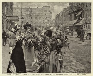 Transatlantické příjezdy do Paříže, veletrh Američané nakupují květiny u Gare St Lazare